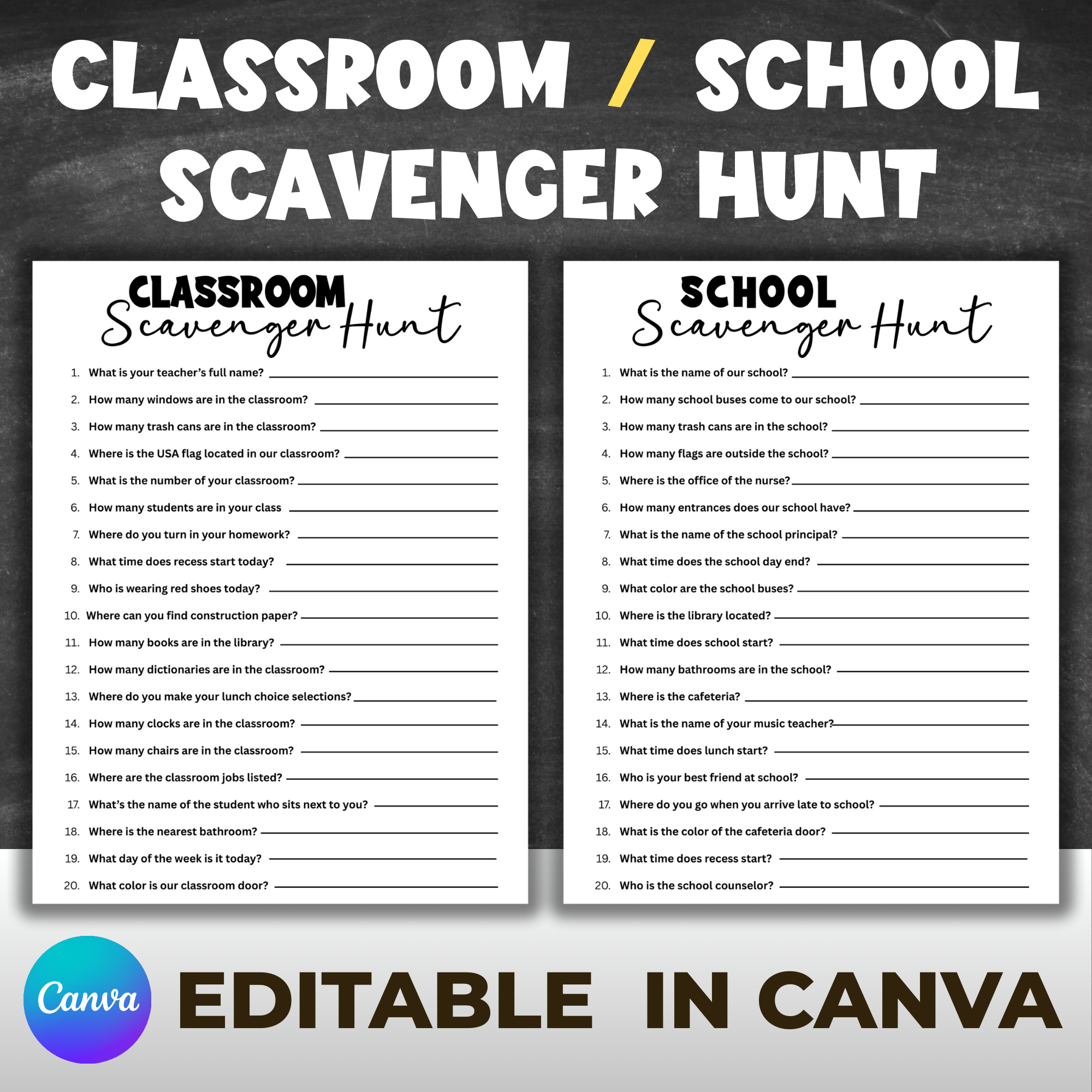 Classroom Scavenger Hunt (Editable)