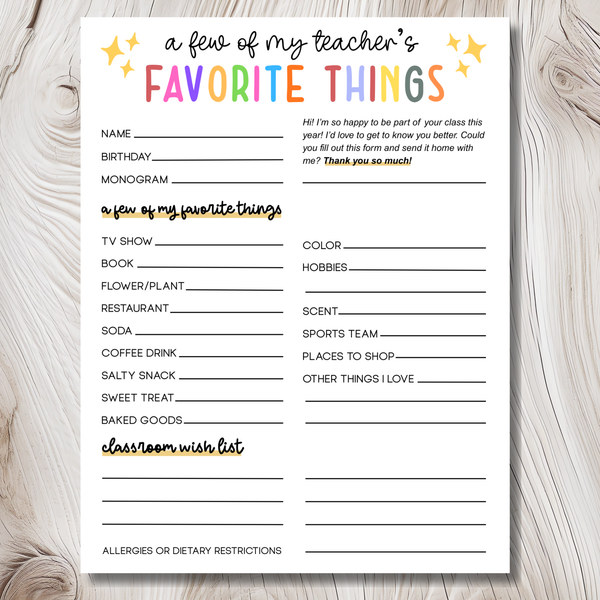 FREE Teacher Favorite Things questionnaire Printable